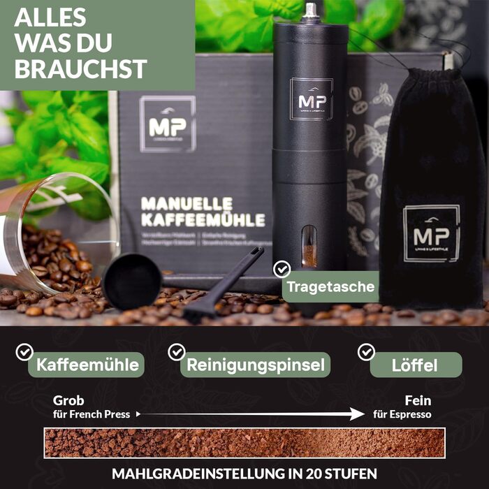 Manual Coffee Grinder with Conical Burr I Adjustable Grind Size - Stainless Steel Coffee Grinder with Brush I High-Quality Hand Coffee Grinder - Hand Coffee Grinder