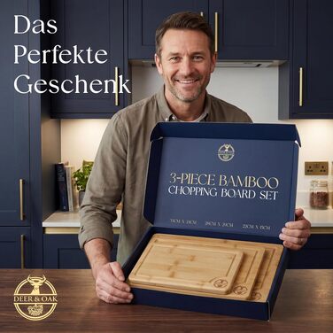 Набір бамбукових кухонних дощок для нарізки Deer & Oak, 3 шт., з жолобком для соку та ручкою, проолієні