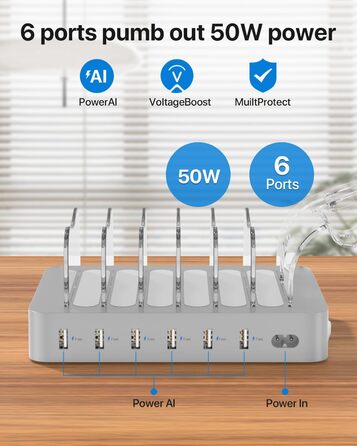 Зарядна станція SooPii USB, 6 портів 50W, з кабелями та тримачем для iWatch, біла (срібло)