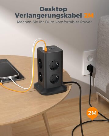 Блок розеток TESSAN з захистом від перенапруги 3600W 16A, 8 розеток, USB-C, подовжувач 2м, сірий