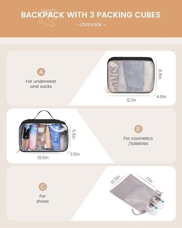 LOVEVOOK Рюкзак для ручної поклажі 40л, чорний, для подорожей, з відділенням для мокрого та сухого, для ноутбука, 45x36x20 см