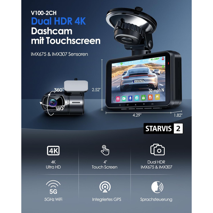 Відеореєстратор HUPEJOS 4K для авто (двоканальний, STARVIS, HDR, GPS, WiFi, нічна зйомка, 64GB карта в комплекті)