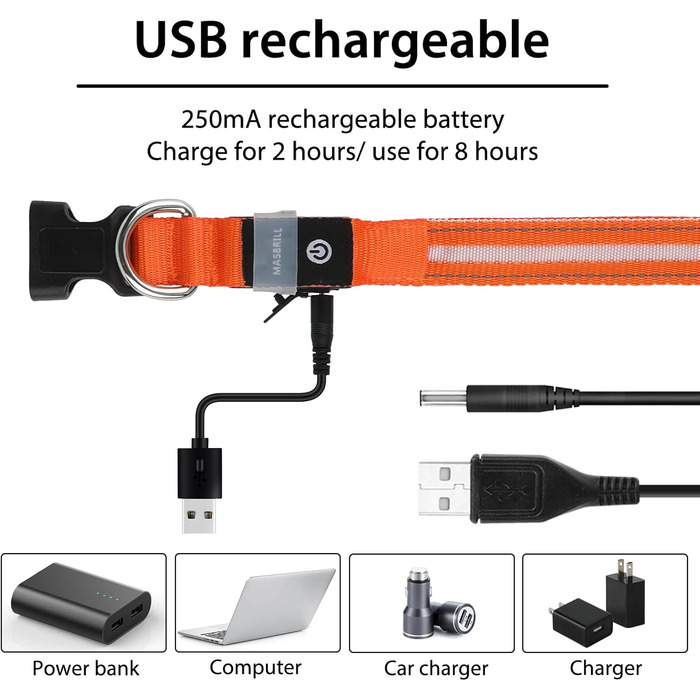 Світловідбиваючий нашийник для собак ASBRILL з LED підсвічуванням, водонепроникний, регульований, 3 режими освітлення, для малих, середніх та великих собак (XS, помаранчевий)