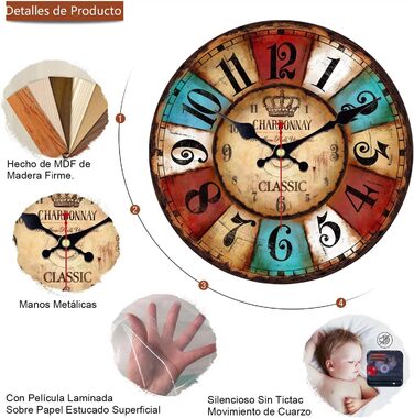VIKMARI Quartz Wall Clock Wood Silent Hanging Clock, Battery-Powered Round Rustic Clock, Easy to Read Vintage Indoor Wall Clock || 14' (Colorful Arabic Numerals, 30 cm)
