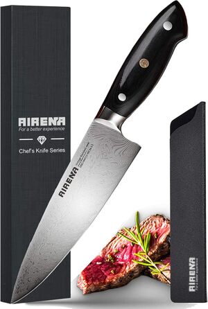 Ніж Santoku AIRENA 7 дюймів - Японський стиль, високоякісна сталь X50CrMov15, повний хвостовик, ергономічна ручка, подарункова коробка