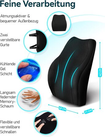 Подушка для спини Ergonomica Travel Ease з Memory Foam, для офісного та комп'ютерного крісла, з антистатичним, приємним до шкіри чохлом, для комфортної посадки (Чорний)