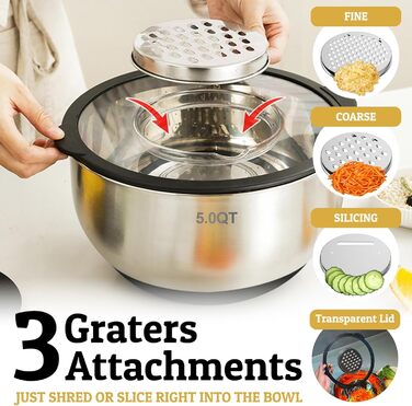 Набір мисок Deedro з прозорим кришками (5 шт.) – 4.7L/2.8L/1.9L/1.4L/0.63L | Миски для перемішування, салатники, набір мисок | Нековзні, складані, придатні для миття в посудомийній машині | Включено тертку (Чорний)