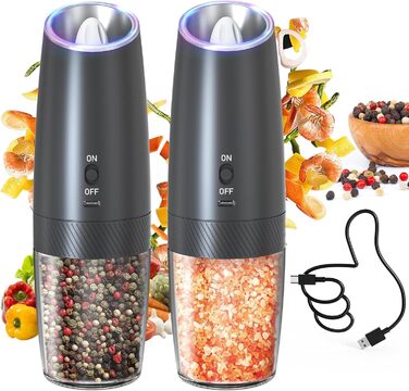 CIRCLE JOY електрична млинниця для солі та перцю, набір автоматичних USB-зарядних млинів із білим LED-підсвічуванням, регульований помел, 135 мл, мийний контейнер, чорна