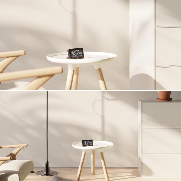 Braun Digital Alarm Clock with Date, Month, and Temperature Display, Negative LCD Display, Quick Set Function, and Gradual Alarm Sound in White, Model BC10W.