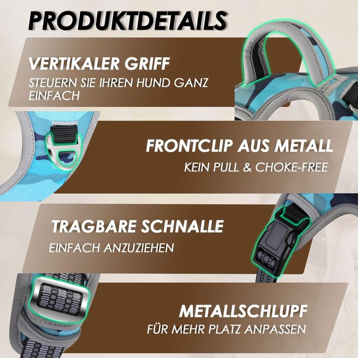 Шлейка для собак великих порід, анти-тяга, з 2 карабінами та зручною ручкою, регульована та світловідбиваюча, для щоденних тренувань (L), камуфляжний колір