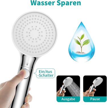 MIAOHUI Shower Head, Pressure-Boosting, Handheld Shower with 3 Spray Patterns, Water-Saving High-Pressure Shower Head with Water Stop Function, Shower Head with Hose and Teflon Tape (Chrome)