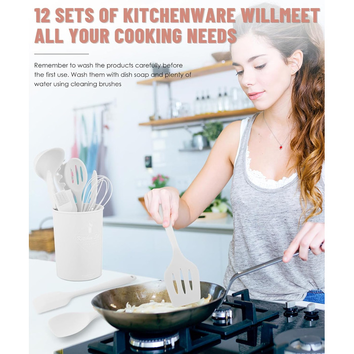 Набір кухонного силікону 12 шт., BPA-free, для антипригарного посуду, до 200°C, з підставкою, зелений (білий)