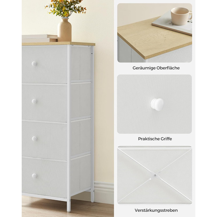 SONGMICS Chest of Drawers, Storage Cabinet with 4 Fabric Drawers, Metal Frame, Tall and Narrow, White-Oak Finish LTS314W57