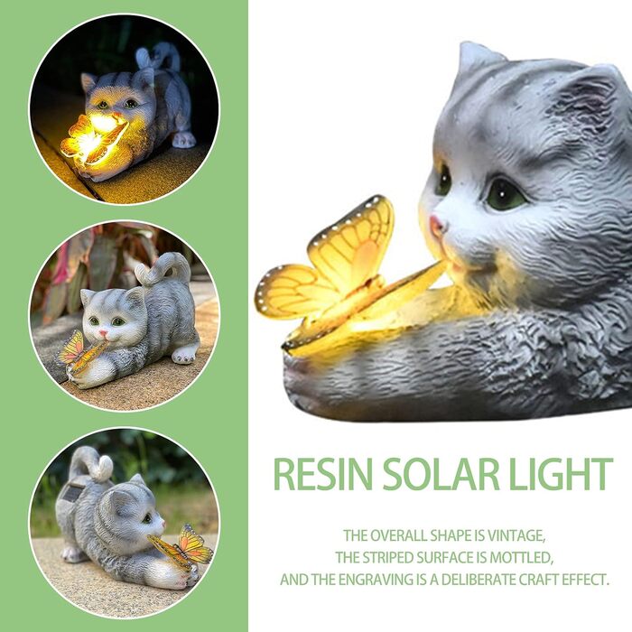 Cat Figurine Garden Decor Cat Garden Decoration Butterflies Solar Lights for Outdoors Balcony Garden Decoration Courtyard Layout Cute Cat Top Butterfly Ornaments Resin Solar Lights (gray)