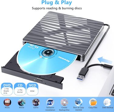 Зовнішній DVD-привід USB 3.0 та Type-C, портативний CD/DVD+/-RW записувач для ноутбука, ПК, MacBook, Windows, MacOS, Linux (Сірий)