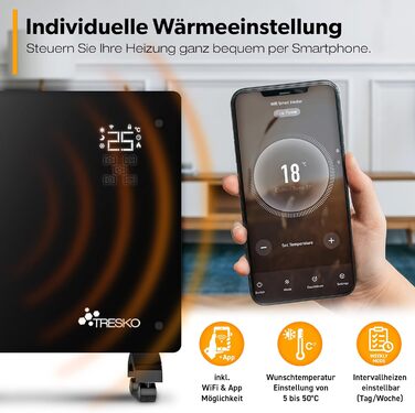 Електричний конвектор TRESKO® з Wi-Fi, LED-дисплеєм та таймером | Склокерамічний нагрівач | 2000 Вт (1500 Вт)