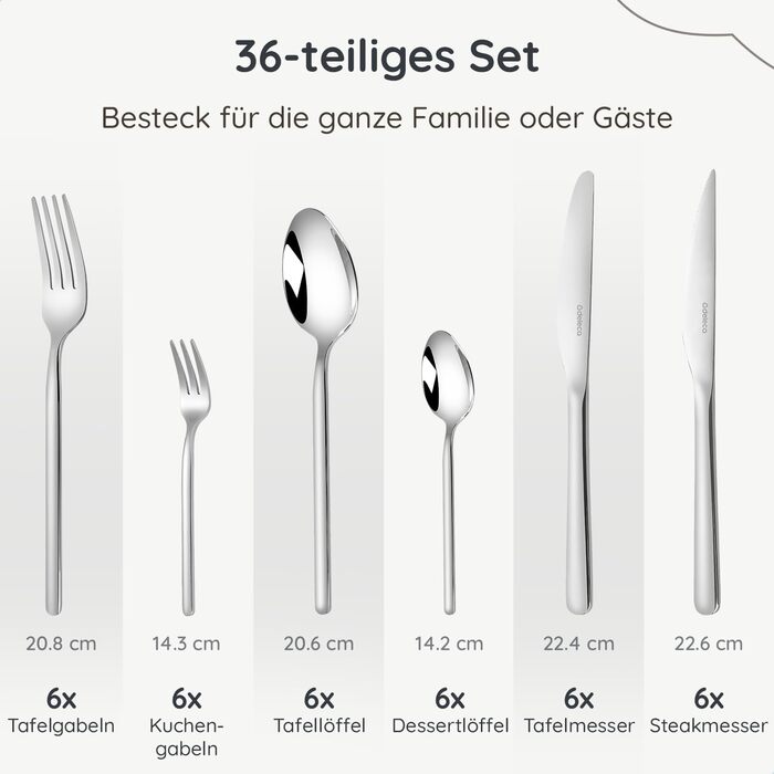 Набір столових приборів 36 предметів з нержавіючої сталі 18/0 на 6 осіб, сріблястий: ножі, виделки, ложки, ніж для стейка, виделка для торта, для повсякденного використання та прийому гостей, безпечні для посудомийної машини