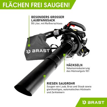 BRAST® Leaf Blower/Vacuum - Gas Powered 1.0kW (1.36HP) | 55L Collection Bag | Includes 2 Blow Pipes, Shoulder Strap & Anti-Vibration Handle | 4-in-1 Function | Blowing Speed 73 m/s