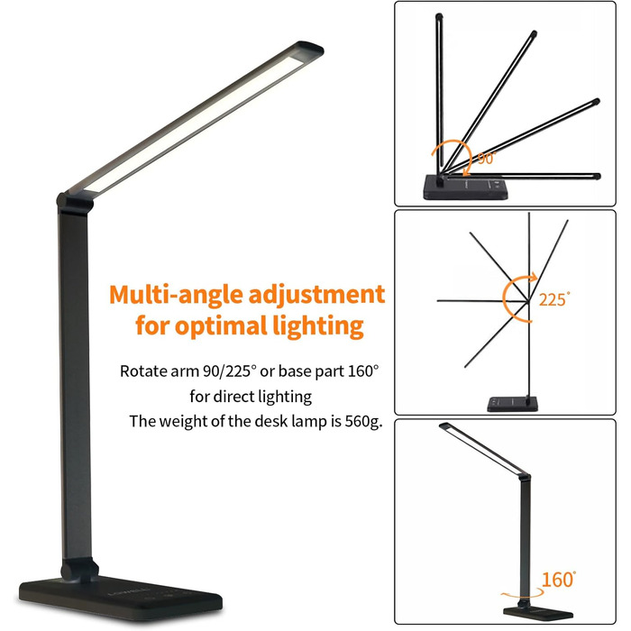 LED лампа настільна LQWELL® з регулюванням яскравості, металева, 5 кольорів, 10 рівнів яскравості, USB-зарядка, сенсорне управління, пам'ять, для дітей, чорна, QM019