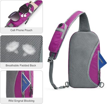 G4Free Сумка на плече, RFID-захист, кросбоді рюкзак з передньою кишенею, для походів, щоденний рюкзак, нагрудна кишеня для жінок та чоловіків (фіолетовий)