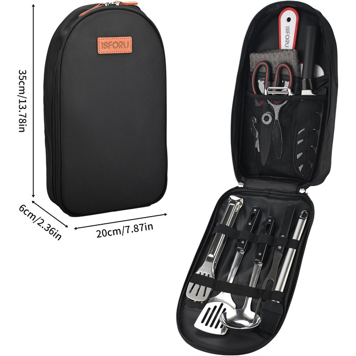 Набір кухонного приладдя для кемпінгу ISFORU 12шт: сковорода, ніж, лопатка, щипці, шумовка, дошки для нарізання. Чорний колір. Ідеально для пікніків, подорожей та походів