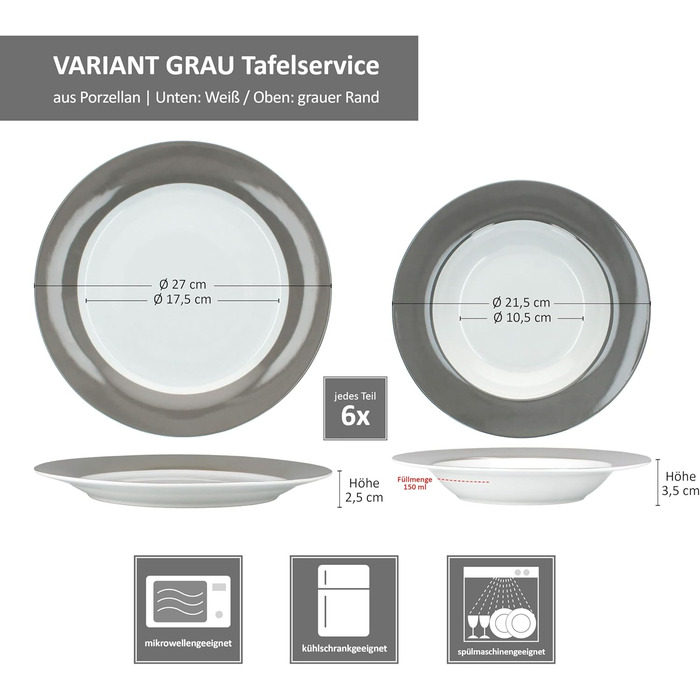 MamboCat Сервіз для столу 12 предметів (6 тарілок для супу та 6 тарілок для їжі) з кольорового порцеляну, для 6 осіб