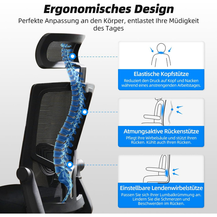 Ергономічне офісне крісло Daccormax з регульованою підтримкою голови та попереку, сітчасте, до 150 кг, темно-сіре