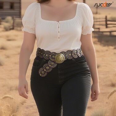 Жіночий шкіряний пояс-корсет у стилі вестерн SUOSDEY, широкий, бохо, для сукні (кавовий, до 95 см)