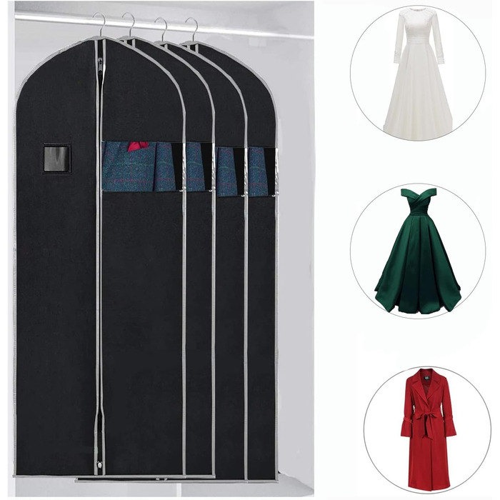Чохли для одягу, дихаючі, 100 см (4 шт) для піджаків, костюмів, пальто. Захисні мішки для зберігання з прозорим вікном, антипилові.