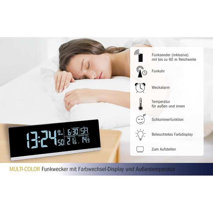 TFA Dostmann Multi-Color Digital Radio Alarm Clock with Color Changing Feature (70 Shades), 60.2548, Smartphone Charging Function (USB), Outdoor Temperature, Snooze Function, Plastic, Black