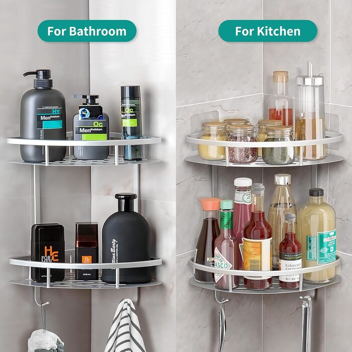 Поличка для душу Hawsam Badregale з алюмінію на 2 рівні, органайзер для шампуню, без свердління (срібло-трикутник)