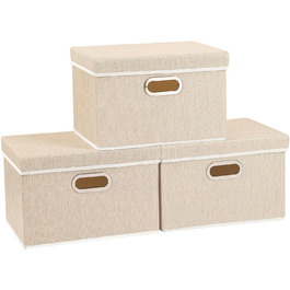 Yawinhe 3-Piece Storage Boxes with Lids, Foldable Fabric Box with Handles, Storage Boxes, for Bedroom, Clothes Storage, 32x23x20cm, SNK023G-3 (32x23x20cm/3-Pack, Beige)
