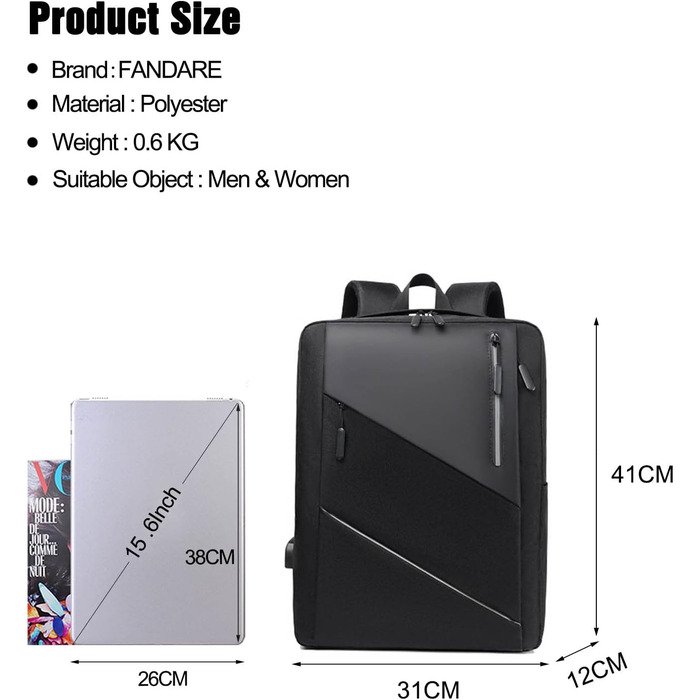 Рюкзак для ноутбука FANDARE: чоловічий/жіночий, для роботи, подорожей, навчання. USB-порт, багатоколірний, для бізнесу, роботи, відпочинку, активного відпочинку.