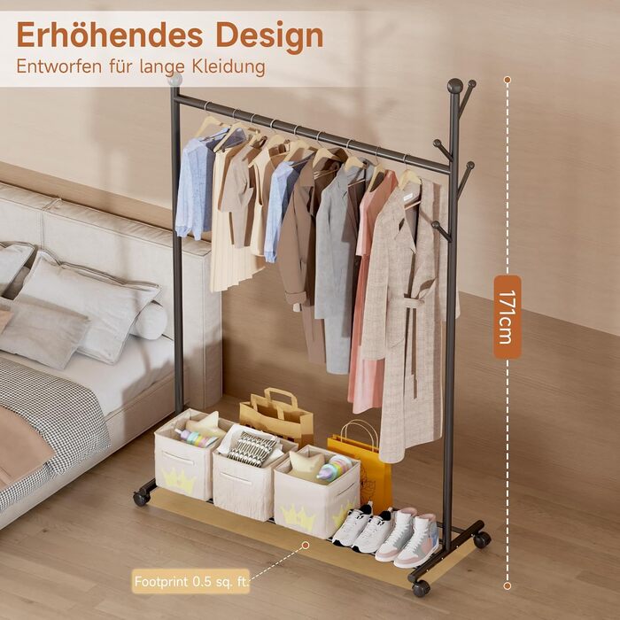 Innotic 4-in-1 Multifunctional Clothes Rack with Wheels, Shelf, and Coat Rack for Entrance, Living Room, Bedroom (Classic Black)