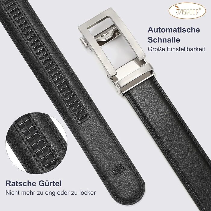 Чоловічий шкіряний ремінь JasGood з автоматичною застібкою, регульований, без отворів, ширина 35 мм, чорний, 130 см (підходить для обхвату талії 101-115 см)