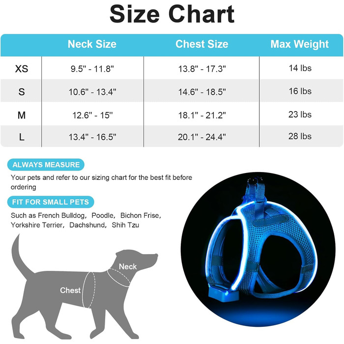 Світлодіодне шлейка для собак з підзарядкою - світлотехнічна шлейка, світловідбиваюча для цуценят, маленьких та середніх собак, нагрудна шлейка, дихаюча шлейка (Синій, Small) Синій Small