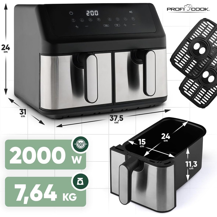 Фритюрниця ProfiCook з 2 камерами | Airfryer | 9 літрів | Фритюрниця з функцією одночасної готовності | Без олії | Антипригарне покриття | PC FR 1296 H з нержавіючої сталі