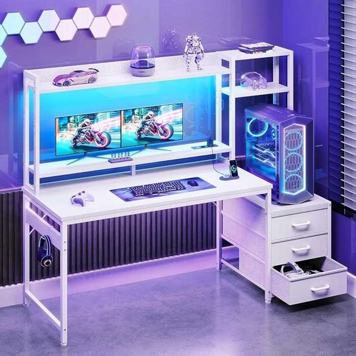 Ігровий стіл з шухлядами, полицею, розетками та LED-підсвіткою, 137x48 см