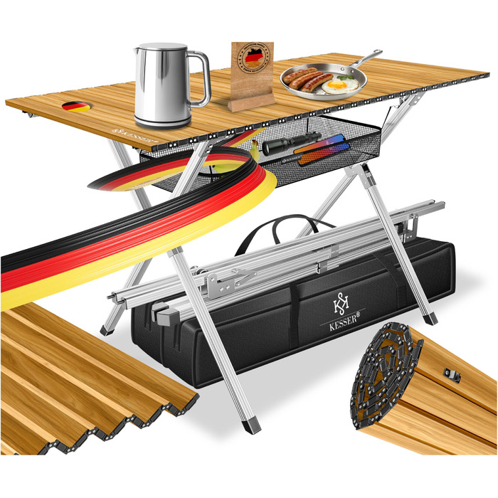 Складний кемпінговий стіл KESSER® 120x70 см з алюмінієвим каркасом та стільницею під дерево, до 100 кг, з сумкою для транспортування
