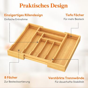 Органайзер для столових приборів Lifewit в шухляду, бамбуковий, 38 см (27-46 см) - розсувний лоток для кухні