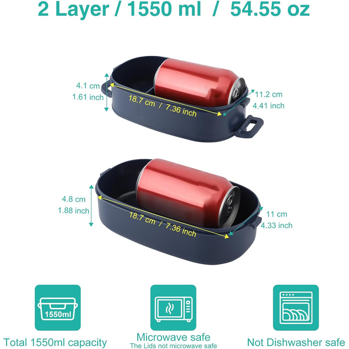 Ланчбокс Brotdose 2-ярусний, 1550 мл, з ложкою та виделкою, BPA Free, для дорослих, блакитний