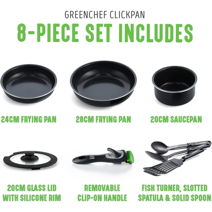 Набір каструль GreenChef ClickPan з керамічним антипригарним покриттям, 3 предмети, 16 см/1,6 л та 20 см/3,1 л, знімна ручка, PFAS-free, для індукції, посудомийної машини, чорний. 8-елементний набір посуду з каструлями та сковородами