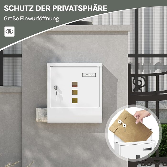 Поштовий ящик WOLTU з газетницею, оглядовим вікном та табличкою для імені, настінний, замикається (2 ключі), білий (30,5x33,5x9 см)