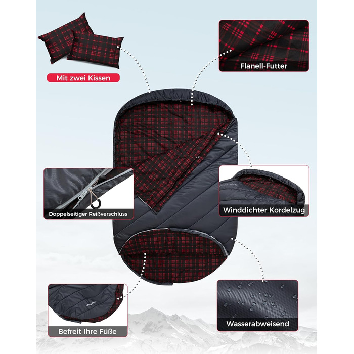 KingCamp 2-Person Sleeping Bag - Winter Warm Outdoor Sleeping Bag for Camping & Travel - 3-4 Season, Lightweight, with Flannel Pillows