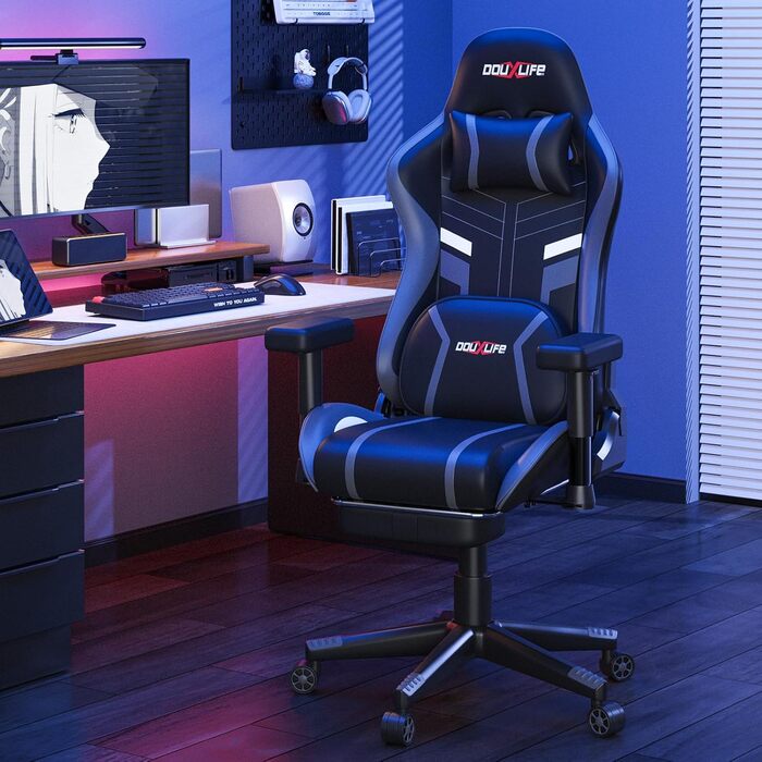 Ігровий крісло Douxlife з масажем та підігрівом, ергономічний офісний крісло з підніжкою, регулювання 90°-175°, підлокітники 2D, для геймерів, 181 кг, сірий
