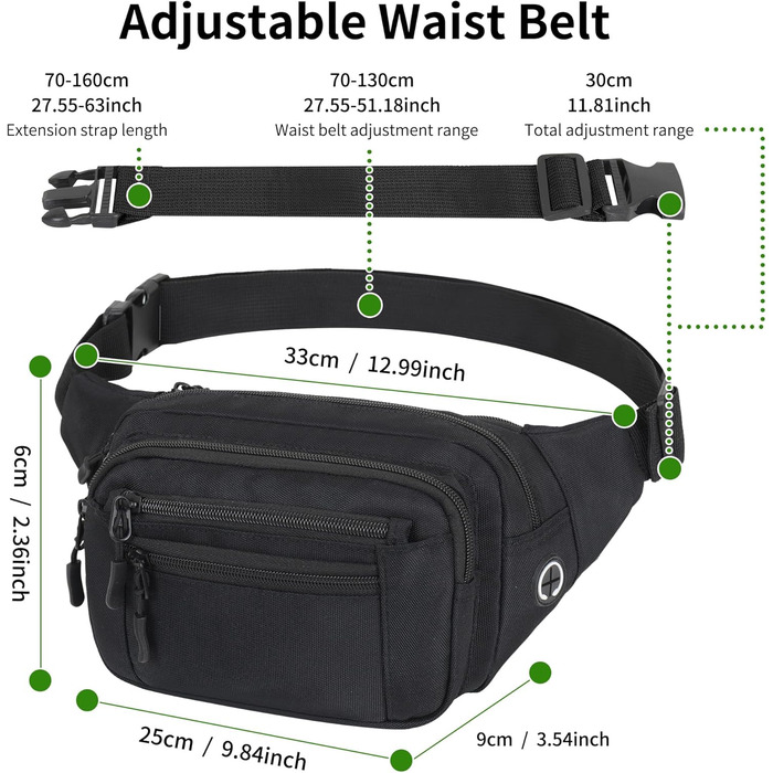 Чоловіча/Жіноча поясна сумка на пояс, 30 см, унісекс, для подорожей, туризму, прогулянок з собакою, чорна