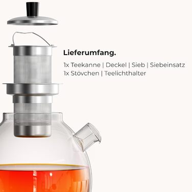 Скляний чайник Teekanne з підставкою-підігрівачем та ситом з нержавіючої сталі, боросилікатне скло, 1.5 л, для листового та трав'яного чаю