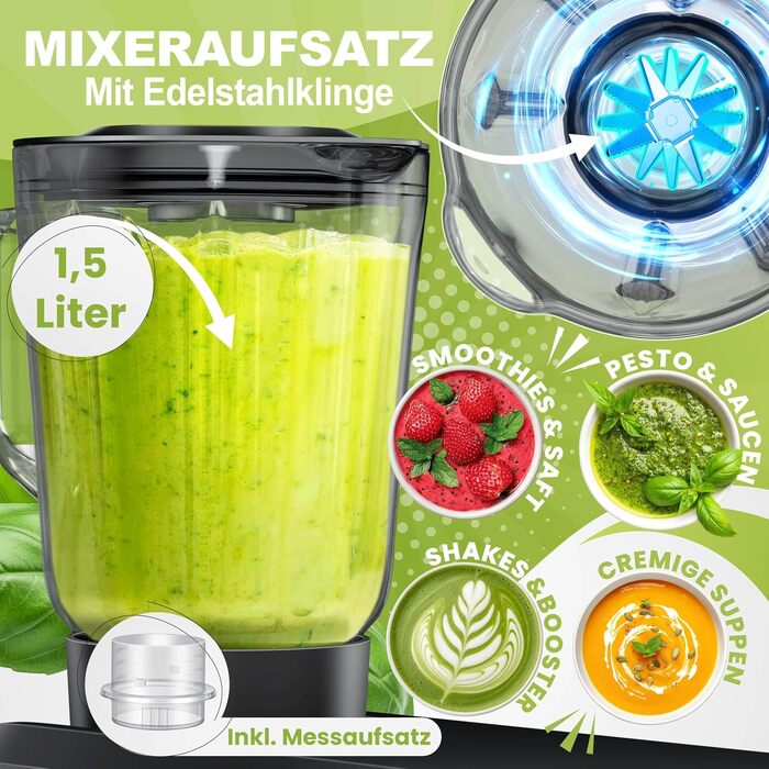 Кухонна машина KESSER 3в1 з м'ясорубкою та блендером, планетарний міксер 1500Вт, чаша 5.5л, 6 швидкостей, набір насадок для випікання та готування, чорна