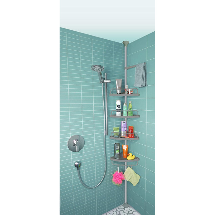 Stardis Telescopic Corner Shelf, Stainless Steel, Rust-Proof with 4 Shelves, Shower Shelf, Telescopic Shelf for Shower, Bathroom, Shower Shelf, Height Adjustable from 120-300 cm, Grey