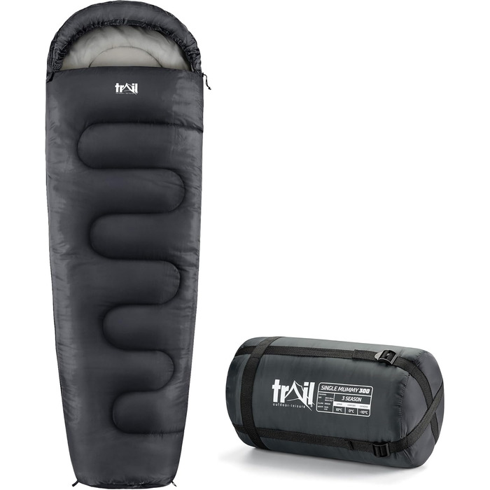 Спальний мішок Trail для дорослих – 3-сезонний, для кемпінгу, 300 GSM, з внутрішньою кишенею, легкий компресійний мішок (антрацитовий)